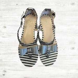 Vince Camuto Harmonia Black/Cream Striped Shiny Leather Bow Sandals 7.5
